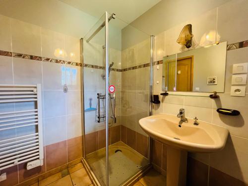 une salle de bain avec un lavabo et une douche dans l'établissement Gite Les Garbails, à Le Barp