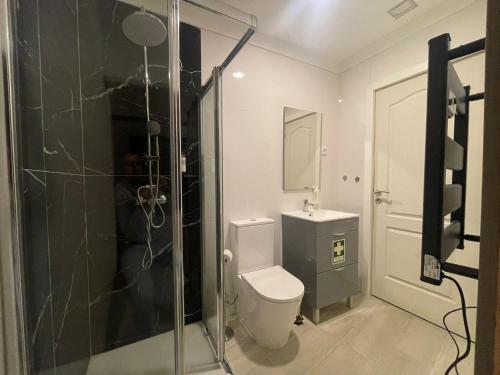 a bathroom with a toilet and a glass shower at Casa do Forno D`Aldeia in Mouços