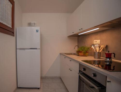 Il comprend une cuisine équipée d'un réfrigérateur blanc et d'un comptoir. dans l'établissement Casa Nettuno, à Maddalenedda