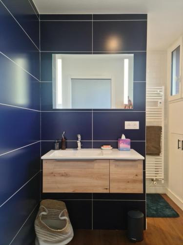 a bathroom with a sink and a mirror at La chambre du bosquet in Le Mans