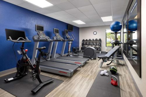 a gym with treadmills elliptical machines and a blue wall at Hampton Inn Naples-Central in Naples