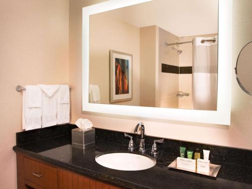 a bathroom with a sink and a large mirror at Hilton Minneapolis in Minneapolis