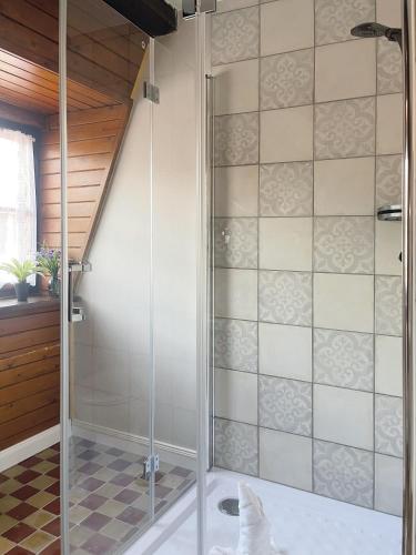 a shower with a glass door in a bathroom at Ferienhaus Schuhhof in Quedlinburg
