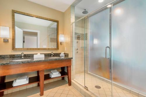 une salle de bain avec douche et lavabo dans l'établissement Hilton Vacation Club Ocean Beach Club Virginia Beach, à Virginia Beach