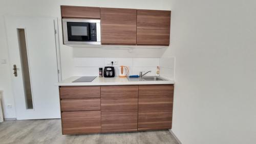 a kitchen with wooden cabinets and a microwave at Finnem Rentals Jičínská in Prague