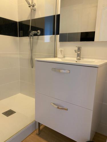 y baño blanco con lavabo y ducha. en Spacieux - lumineux - 3 couchages - Quimper centre, en Quimper