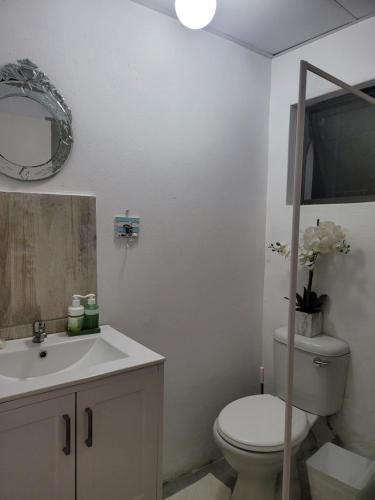 a bathroom with a toilet and a sink and a mirror at 147@ Simon Bekker Kosmos in Hartbeespoort