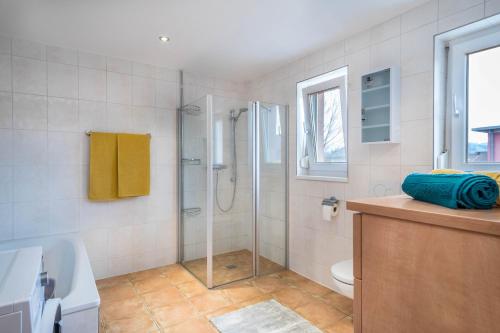 y baño con ducha, aseo y lavamanos. en Haus Birkengraben, en Hard