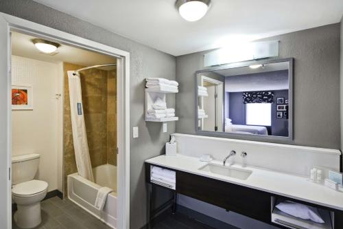a bathroom with a sink and a toilet and a mirror at Hampton Inn & Suites Columbus-Easton Area in Columbus