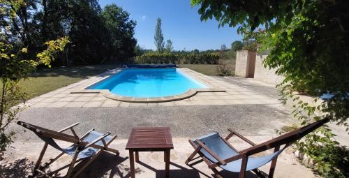a swimming pool with two chairs and a table at Les Gites de Campardon 