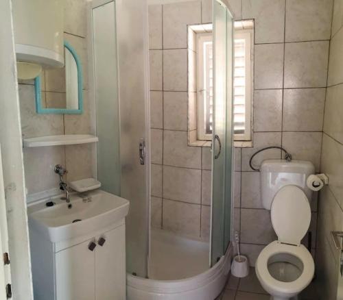 a bathroom with a shower and a toilet and a sink at Apartment Karlobag/Velebit Riviera 34907 in Karlobag