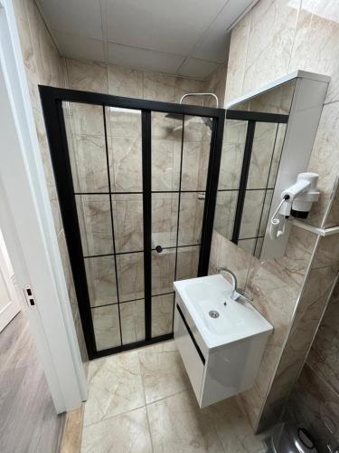 a bathroom with a shower and a white sink at Maritsa Comfort Plus in Edirne