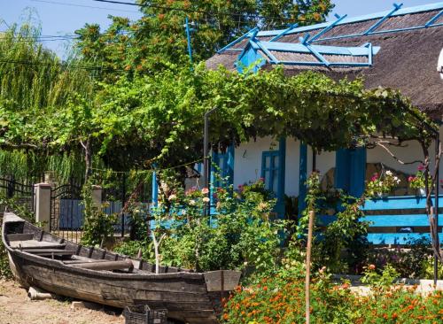 a wooden boat in the yard of a house at Casa Rasaritul Soarelui Sarichioi in Sarichioi