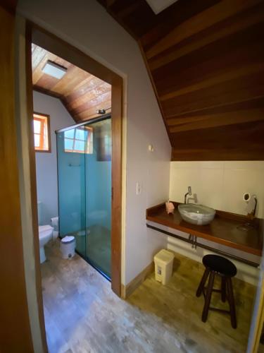 ein Bad mit einem Waschbecken und einer Glasdusche in der Unterkunft Pousada Sotaque Mineiro in Cunha