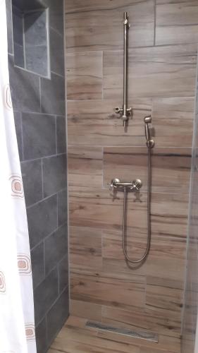 a shower with a shower head in a bathroom at Chalupa - Dešov in Desov