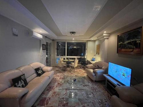 a living room with couches and a flat screen tv at Pine-Tree Spacious 2 BDR Apartment near Tanners' Bridge with hot tub in Tirana