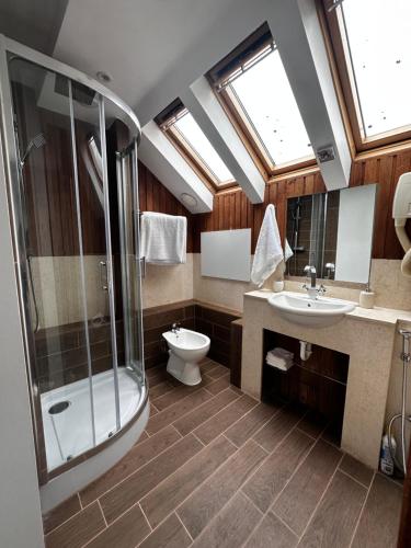 a bathroom with a shower and a toilet and a sink at Studio flat in the heart of Hampstead, London in London