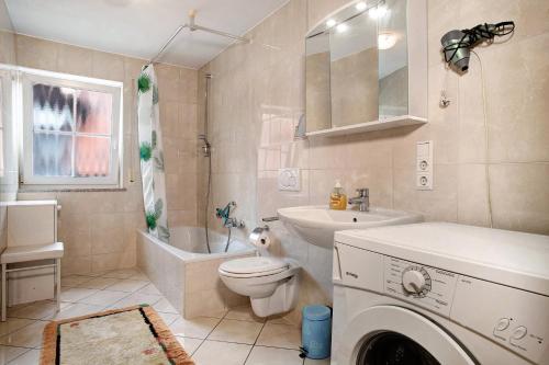 bagno con servizi igienici, lavandino e lavatrice di Ferienwohnungen Shamal a Reutin