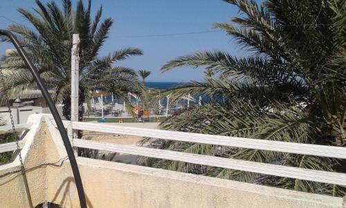 a balcony with palm trees and a white fence at Duplex pied dans l'eau avec magnifique vue sur mer in Monastir