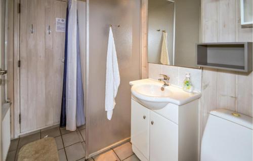 a small bathroom with a sink and a shower at Nice Home In Hjrring With 4 Bedrooms, Sauna And Indoor Swimming Pool in Lønstrup