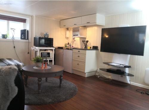 a living room with a large television and a kitchen at Studioleilighet i kjeller ved stranden og hvalsenter NB Må vaskes etter endt leie eller betale rengjøringshjelpen 500 kr in Andenes