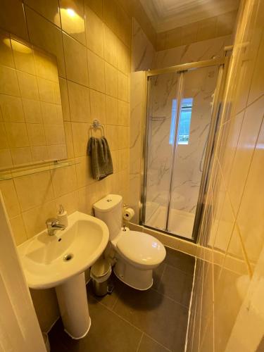 a bathroom with a toilet and a sink and a shower at 10 Minutes to Wembley Guest Studios in London
