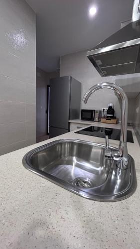 a kitchen with a stainless steel sink in a kitchen at Apartamentos la Catedral de Jaén in Jaén