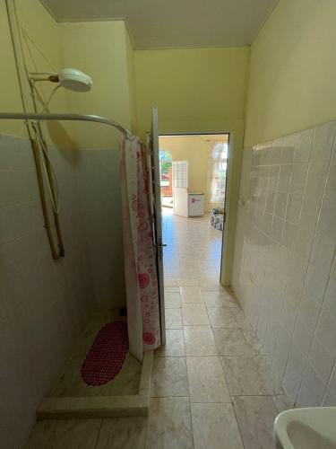 uma casa de banho com chuveiro e cortina de chuveiro em Apartamento Río y Selva em Puerto Iguazú