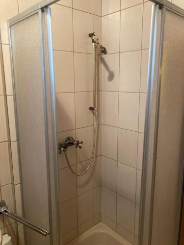 um chuveiro com uma porta de vidro na casa de banho em Privatzimmer am See em Hallstatt