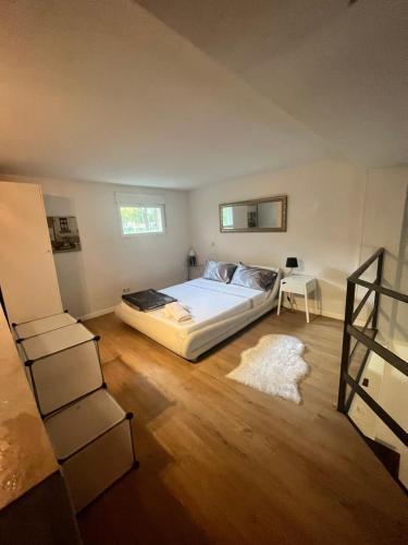 een slaapkamer met een bed, een ladder en een tapijt bij Madrid Loft duplex in Madrid