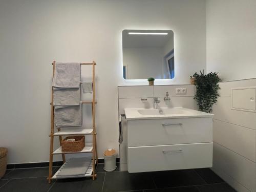 a bathroom with a sink and a mirror at Modernes und helles Mini-Haus in Peine in Peine