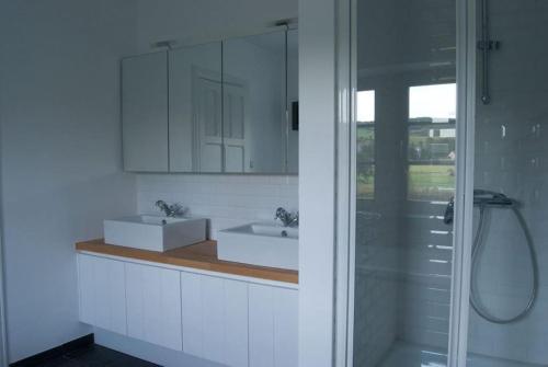 a bathroom with a shower and a sink and a mirror at Le Chaperon Villa in Tellin