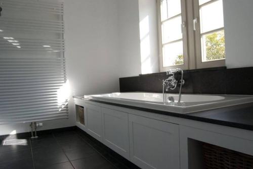 baño con lavabo grande y ventana en Le Chaperon Villa, en Tellin