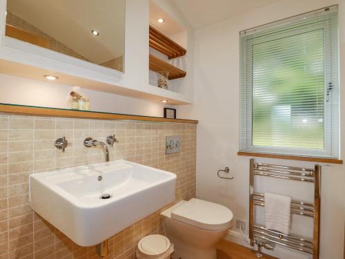 a bathroom with a sink and a toilet and a window at 9 Valley View in Looe