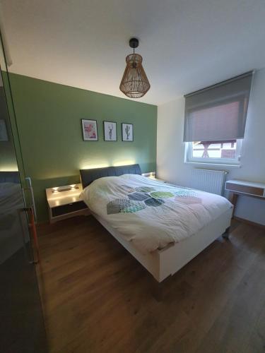 a bedroom with a bed and a green wall at Liten Tur ' N in Sélestat