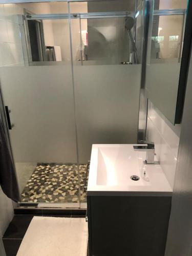 une salle de bain avec une douche et un lavabo blanc et une douche dans l'établissement LAC HOSSEGOR JARDIN T3, à Soorts-Hossegor