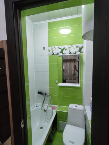 un bagno verde e bianco con servizi igienici e lavandino di Аренда квартиры a Balqash