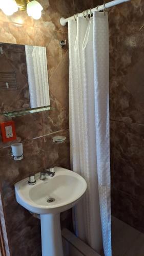 a bathroom with a sink and a shower curtain at Rincón con Encanto in Salta
