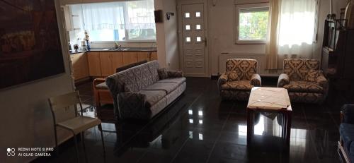 un soggiorno con divano, sedie e tavolo di Filoxenia Efi a Khortiátis