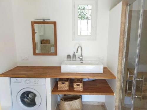 ein Badezimmer mit einem Waschbecken und einer Waschmaschine in der Unterkunft Grand Studio L'Imprévu de Correns in Correns