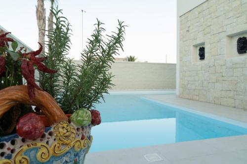 a vase with a plant in it next to a pool at Vela Bianca Marzamemi in Marzamemi