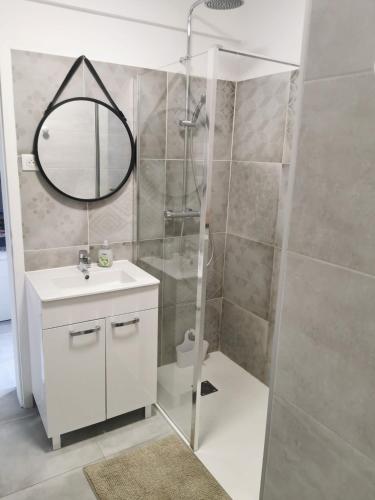 une salle de bain avec une douche, un lavabo et un miroir dans l'établissement Sur le toit de Mèze, à Mèze