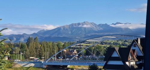 a bridge over a river with a mountain in the background at Pokoje i Apartament U Ireny in Poronin
