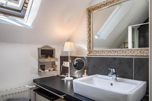 ein Bad mit einem Waschbecken und einem Spiegel in der Unterkunft Kleiner Hof Rosenrot in Königschaffhausen