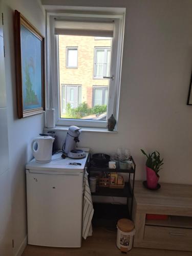 une cuisine avec une fenêtre et un mixeur sur un comptoir dans l'établissement Dubbelink 3A, à Amsterdam