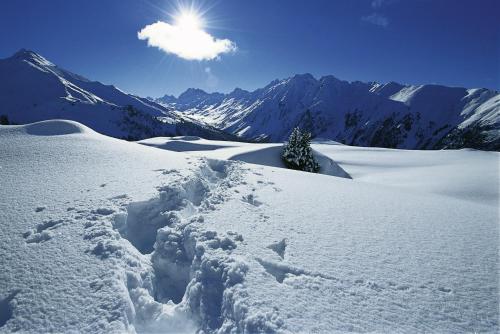 a pile of snow on top of a snow covered mountain at Hotel Garni Alpenhof in Ischgl