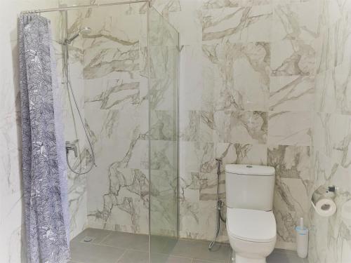 a bathroom with a toilet and a glass shower at Les Residences de la Diaspora in Dakar