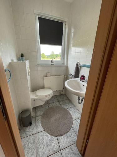 małą łazienkę z toaletą i umywalką w obiekcie Wohnung in Möser mit Grillmöglichkeit 