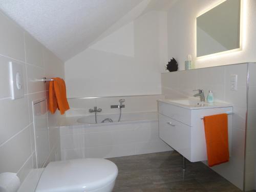 a bathroom with a toilet and a sink and a tub at Ferienhaus zwischen den Seen in Sedlitz