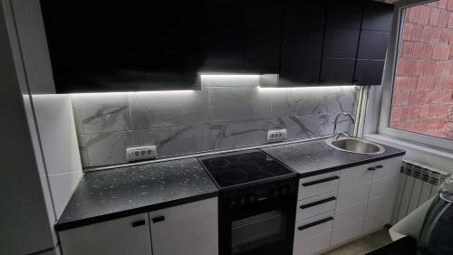 uma cozinha com um lavatório e um fogão forno superior em Apartmani Vuksanović em Brestovac